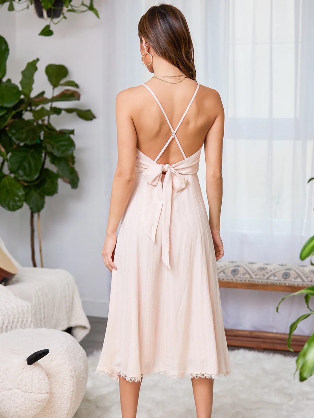 Lulus Light Pink Spaghetti-Strap Midi Dress with Bow Back size S
